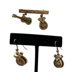 Spanish Castanets Double Sided Earrings Bar Brooch Guitar Dangle Set Damascene